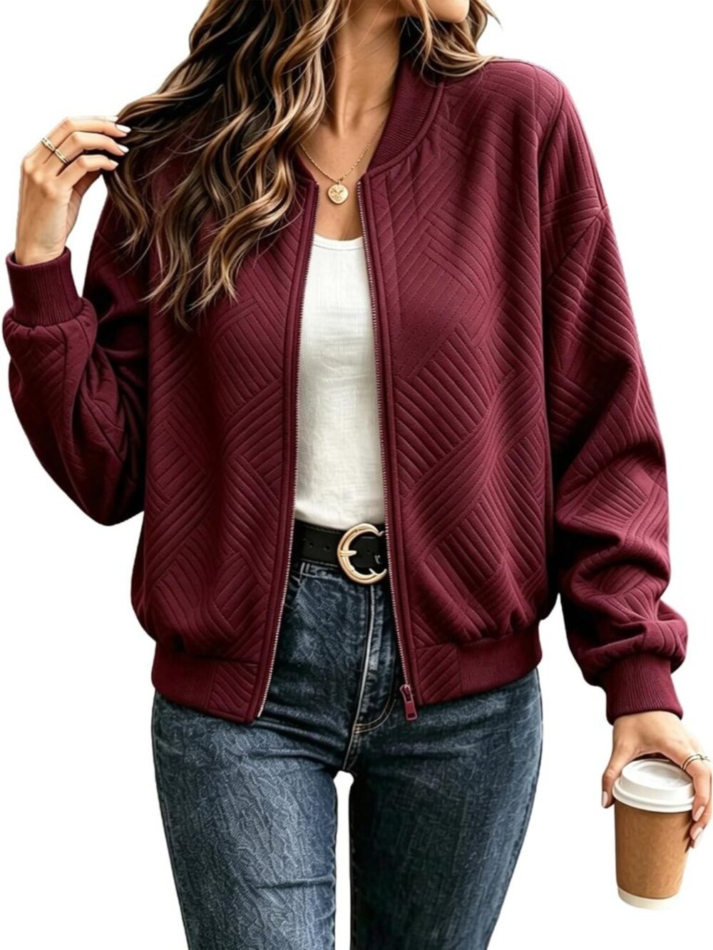 Women's Red Chevron Textured Bomber Jacket Zip Up Lightweight Casual Fall Coat
